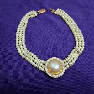 Vintage Triple Strand Draped Rhinestone Faux Pearl Necklace